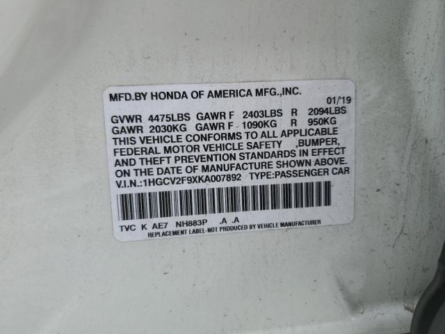 1HGCV2F9XKA007892 - 2019 HONDA ACCORD TOURING Սպիտակ լուսանկար 12