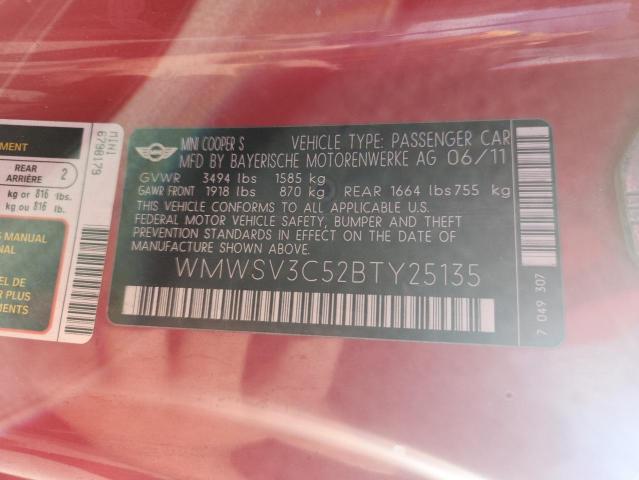 WMWSV3C52BTY25135 - 2011 MINI COOPER S RED photo 13