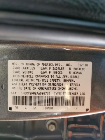 1HGCP2F89AA096774 - 2010 HONDA ACCORD EXL GRAY photo 12