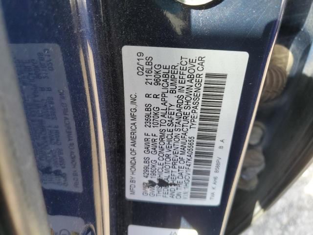 1HGCV1F47KA055655 - 2019 HONDA ACCORD EX Көк фото 12