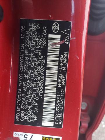 JTDKB20U897877650 - 2009 TOYOTA PRIUS RED photo 13