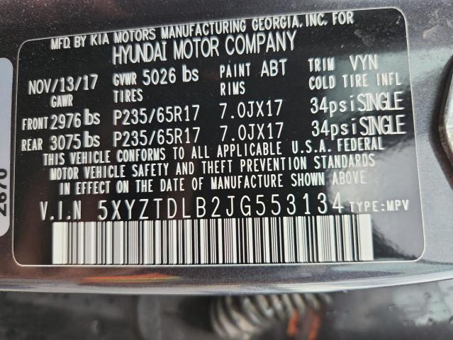 5XYZTDLB2JG553134 - 2018 HYUNDAI SANTA FE S GRAY photo 13