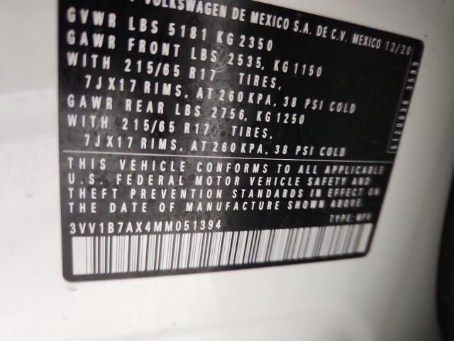 3VV1B7AX4MM051394 - 2021 VOLKSWAGEN TIGUAN S WHITE photo 13