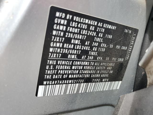 WVGAV7AX8BW521733 - 2011 VOLKSWAGEN TIGUAN S 银色 照片 12