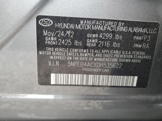 5NPEB4ACXDH535622 - 2013 HYUNDAI SONATA GLS GRAY photo 12