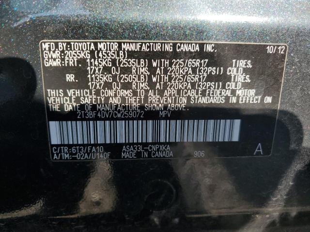 2T3BF4DV7CW259072 - 2012 TOYOTA RAV4 BLACK photo 14