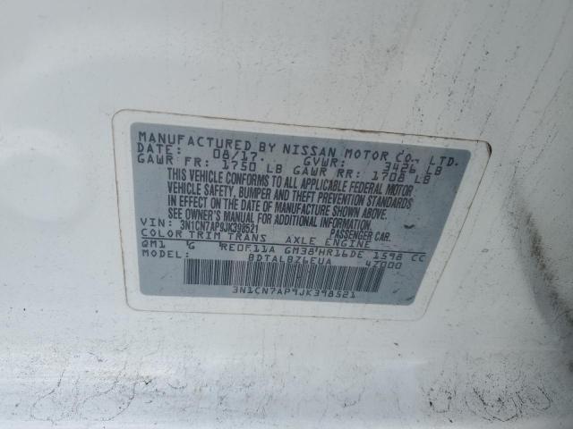 3N1CN7AP9JK398521 - 2018 NISSAN VERSA S WHITE photo 12