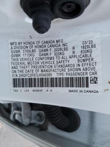 2HGFC2F67LH549365 - 2020 HONDA CIVIC LX WHITE photo 12