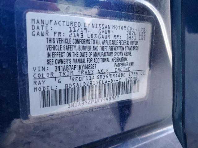 3N1AB7AP1KY448987 - 2019 NISSAN SENTRA S BLUE photo 13