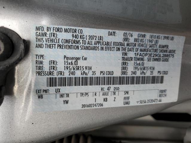 1FADP3E29GL288575 - 2016 FORD FOCUS S SILVER photo 12