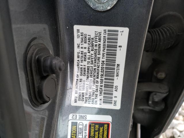 1HGFA16819L020104 - 2009 HONDA CIVIC EX GRAY photo 12