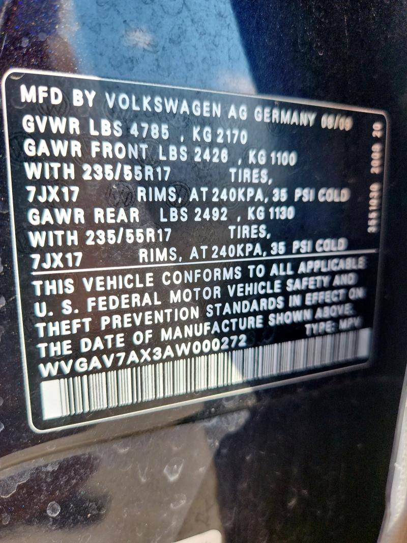 WVGAV7AX3AW000272 - 2010 VOLKSWAGEN TIGUAN S 黑色 照片 12