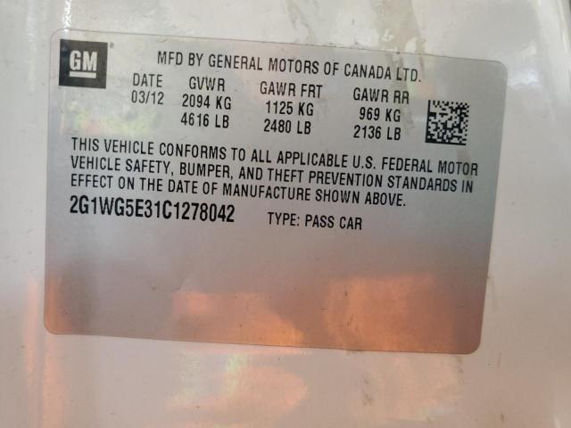 2G1WG5E31C1278042 - 2012 CHEVROLET IMPALA LT WHITE photo 12