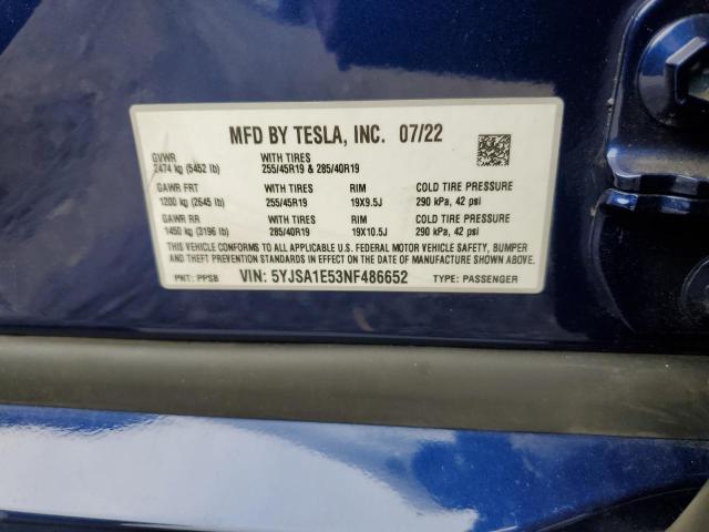 5YJSA1E53NF486652 - 2022 TESLA MODEL S Синій фото 12