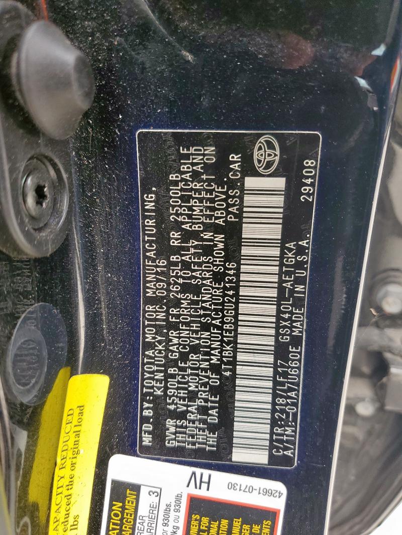 4T1BK1EB9GU241346 - 2016 TOYOTA AVALON XLE 黑色 照片 12