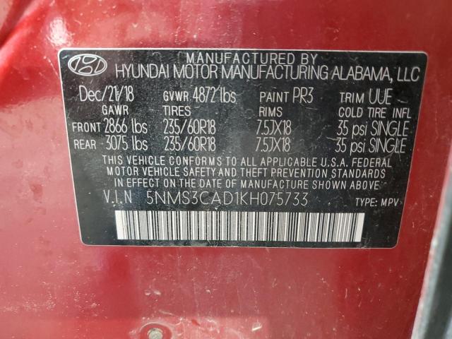 5NMS3CAD1KH075733 - 2019 HYUNDAI SANTA FE SEL Կարմիր լուսանկար 13