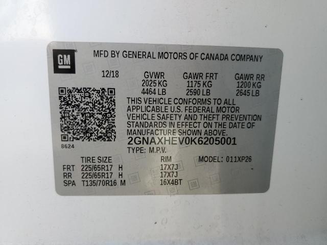 2GNAXHEV0K6205001 - 2019 CHEVROLET EQUINOX LS 白色 照片 12