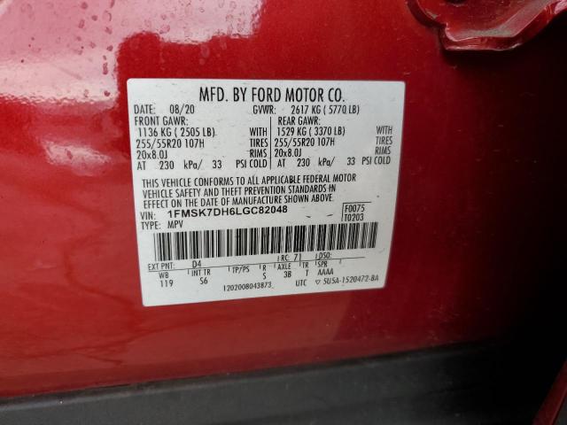 1FMSK7DH6LGC82048 - 2020 FORD EXPLORER XLT წითელი ფოტო 14