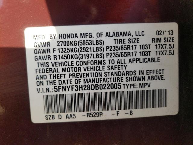 5FNYF3H28DB022005 - 2013 HONDA PILOT LX BURGUNDY photo 14