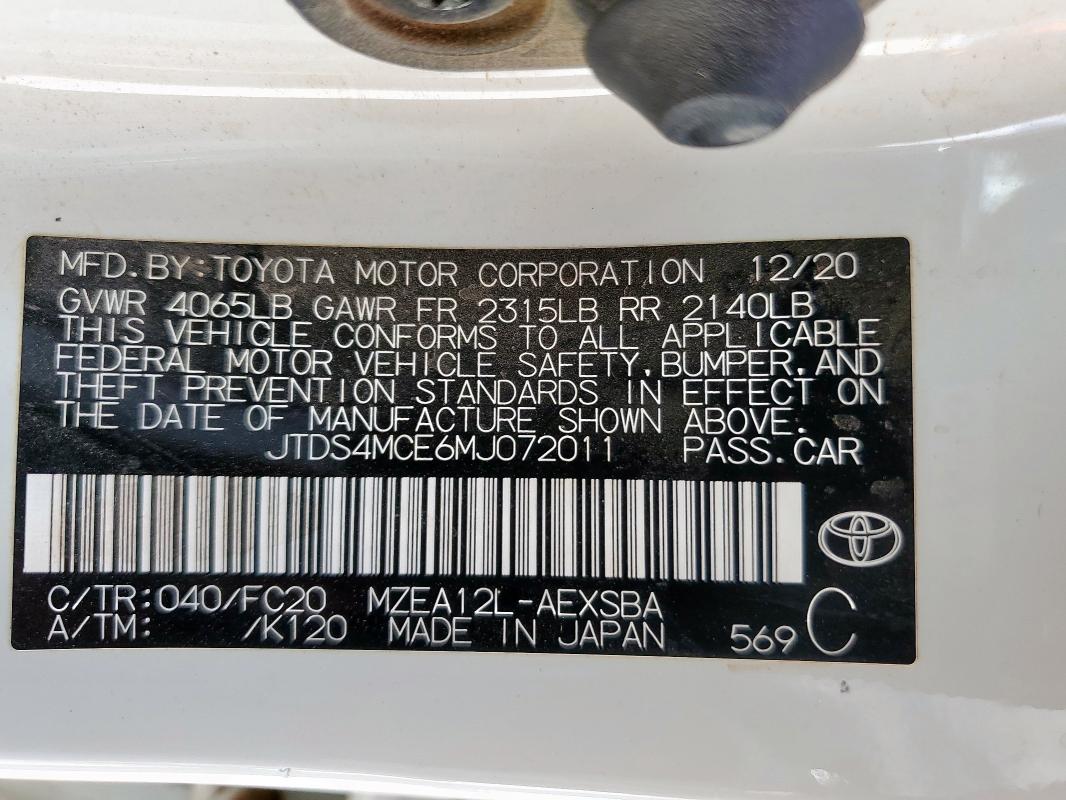 JTDS4MCE6MJ072011 - 2021 TOYOTA COROLLA SE 白色 照片 13