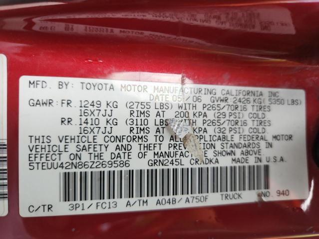 5TEUU42N86Z269586 - 2006 TOYOTA TACOMA ACCESS CAB Бордовый фото 12