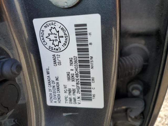 2HGFB2E48CH033602 - 2012 HONDA CIVIC LX GRAY photo 12