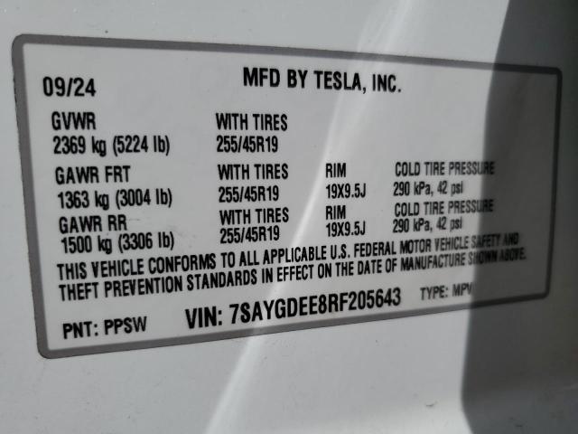 7SAYGDEE8RF205643 - 2024 TESLA MODEL Y Ақ фото 14