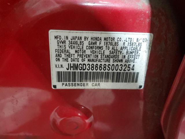 JHMGD38668S003254 - 2008 HONDA FIT SPORT RED photo 12