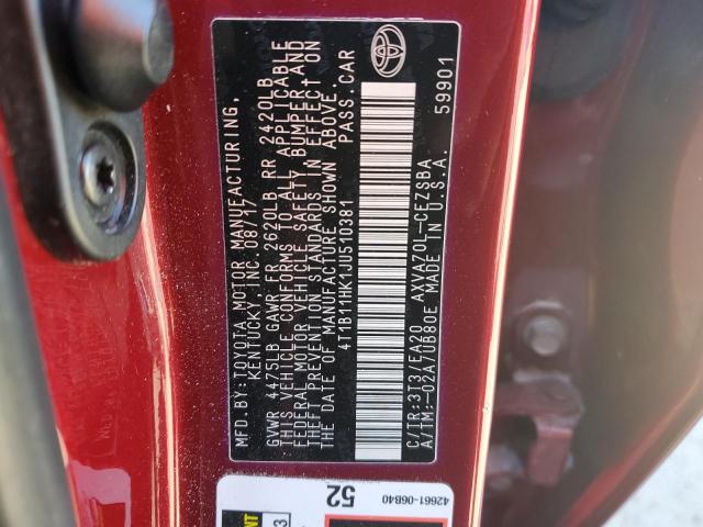 4T1B11HK1JU510381 - 2018 TOYOTA CAMRY L RED photo 13