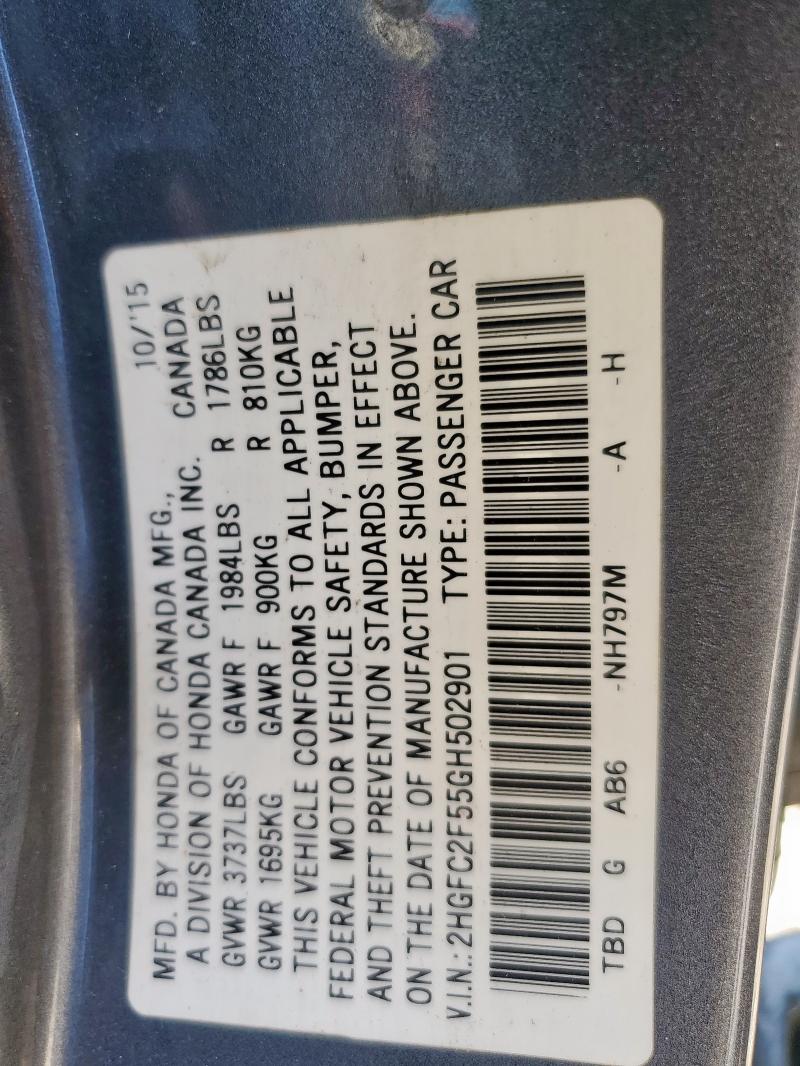 2HGFC2F55GH502901 - 2016 HONDA CIVIC LX Graphite photo 13