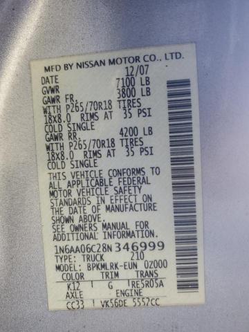 1N6AA06C28N346999 - 2008 NISSAN TITAN XE SILVER photo 12