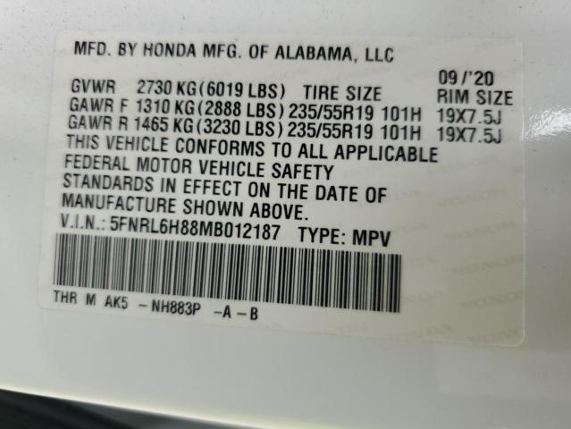 5FNRL6H88MB012187 - 2021 HONDA ODYSSEY TOURING WHITE photo 14