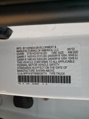 5FPYK3F79NB029774 - 2022 HONDA RIDGELINE RTL 白色 照片 12