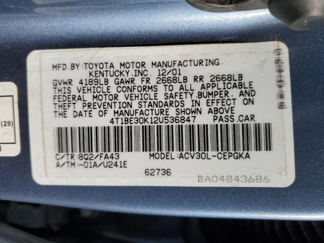 4T1BE30K12U536847 - 2002 TOYOTA CAMRY LE BLUE photo 12