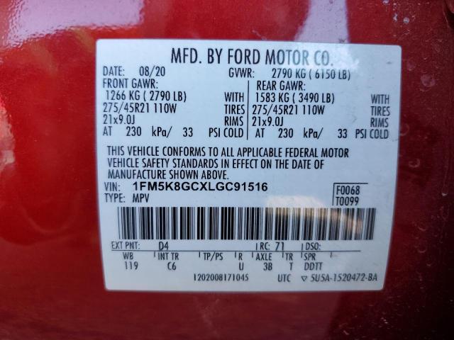 1FM5K8GCXLGC91516 - 2020 FORD EXPLORER ST RED photo 12