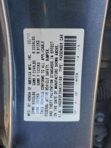 1HGCR2F3XHA157168 - 2017 HONDA ACCORD LX GRAY photo 12