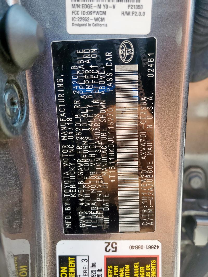 4T1B11HK0JU115270 - 2018 TOYOTA CAMRY L GRAY photo 13