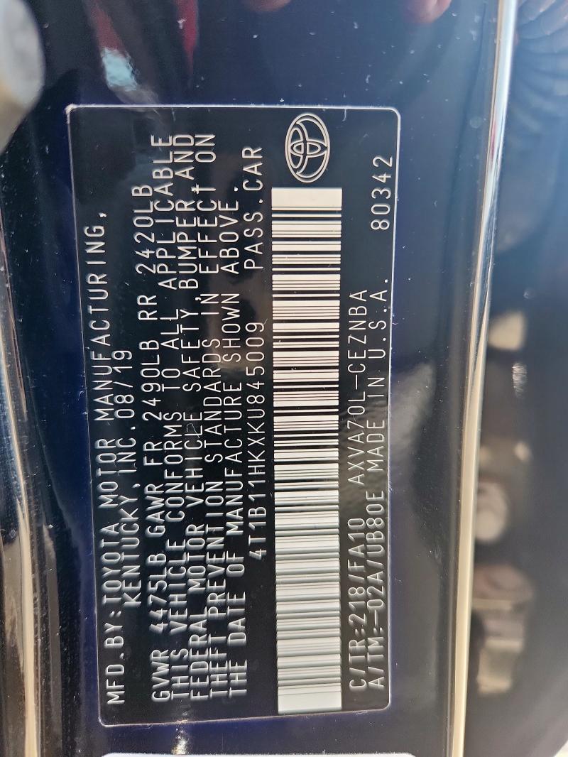 4T1B11HKXKU845009 - 2019 TOYOTA CAMRY L BLACK photo 12