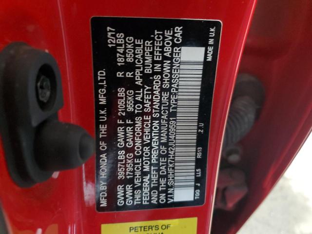 SHHFK7H42JU409591 - 2018 HONDA CIVIC SPORT RED photo 12