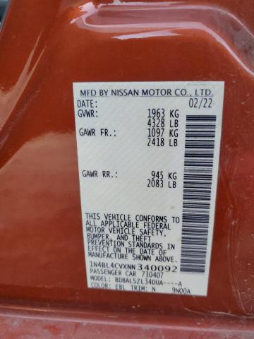 1N4BL4CVXNN340092 - 2022 NISSAN ALTIMA SR ORANGE photo 12