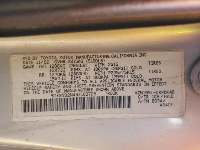 5TESN92N43Z180725 - 2003 TOYOTA TACOMA XTRACAB PRERUNNER ნაცრისფერი ფოტო 12