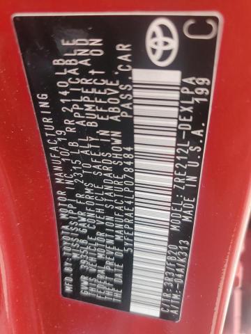 5YFEPRAE4LP078484 - 2020 TOYOTA COROLLA LE წითელი ფოტო 13