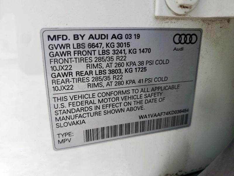 WA1VAAF74KD036454 - 2019 AUDI Q7 PRESTIGE WHITE photo 13