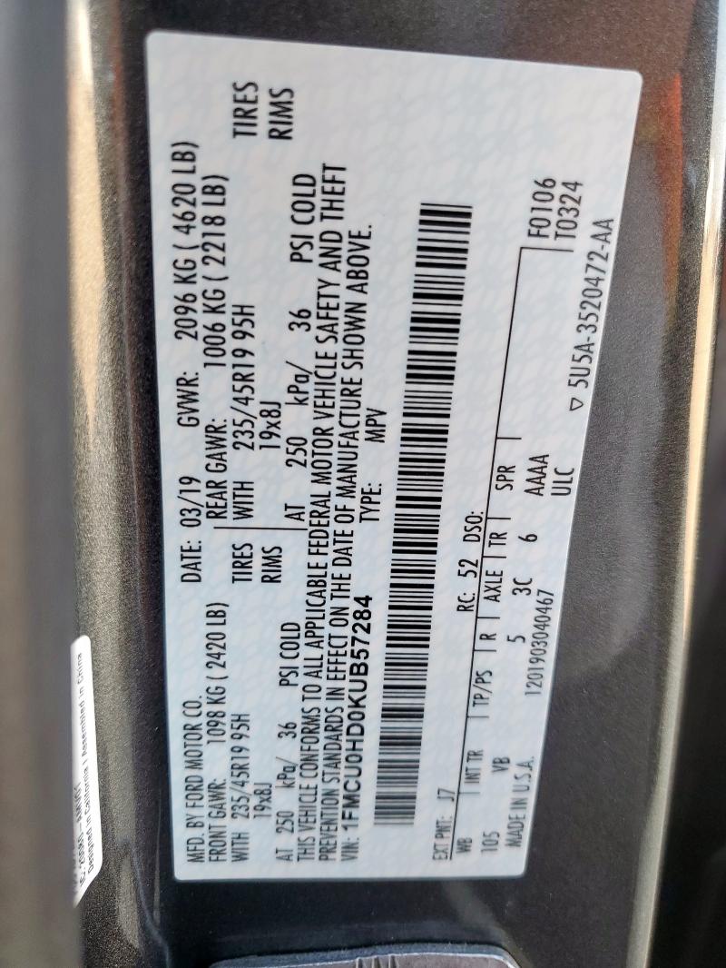 1FMCU0HD0KUB57284 - 2019 FORD ESCAPE SEL ნაცრისფერი ფოტო 13