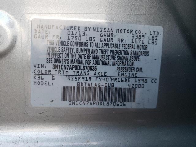 3N1CN7AP0DL870636 - 2013 NISSAN VERSA S GRAY photo 12