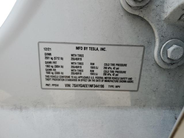 7SAYGAEE1NF344196 - 2022 TESLA MODEL Y 白色 照片 12
