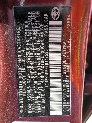 4T1BK1EB6EU117595 - 2014 TOYOTA AVALON BASE 勃艮第红 照片 14