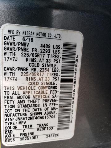 JN8AT2MT4GW015706 - 2016 NISSAN ROGUE S GRAY photo 13