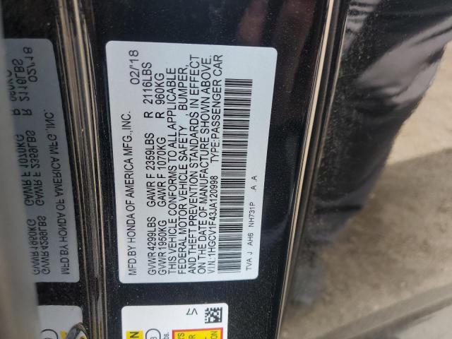 1HGCV1F43JA120998 - 2018 HONDA ACCORD EX შავი ფოტო 12