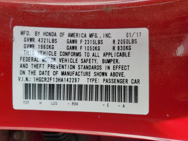 1HGCR2F13HA142297 - 2017 HONDA ACCORD SPORT SPECIAL EDITION RED photo 12